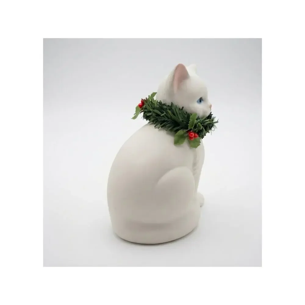 Vintage Ceramic White Cat Figurine, Christmas Holiday Decor with Holly Wreath